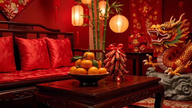 Vibrant Chinese Lunar New Year Celebration Decor with Traditional Elements in
