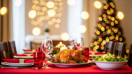 Festive Christmas Dinner Table Setting with Roasted Turkey