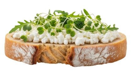 Rustic bread slice topped with cottage cheese, arugula, microgreens, and broccoli floret. Isolated on transparent background.