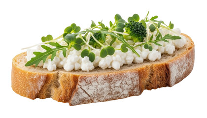 Rustic bread slice topped with cottage cheese, arugula, microgreens, and broccoli floret. Isolated on transparent background.