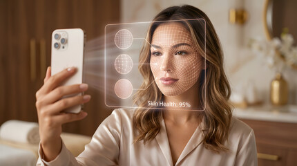Woman Using Smartphone for Facial Recognition Technology.