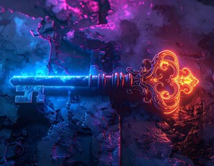 Ornate key glows on cracked surface, illuminated by radiant pink & blue neon lights, creating a surreal, enchanting scene