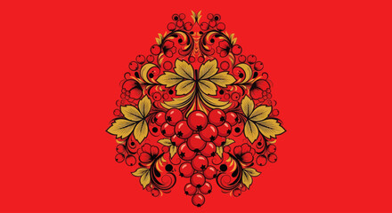 Red Currant Berry Floral Ornament on Red Background, Folk Art Style