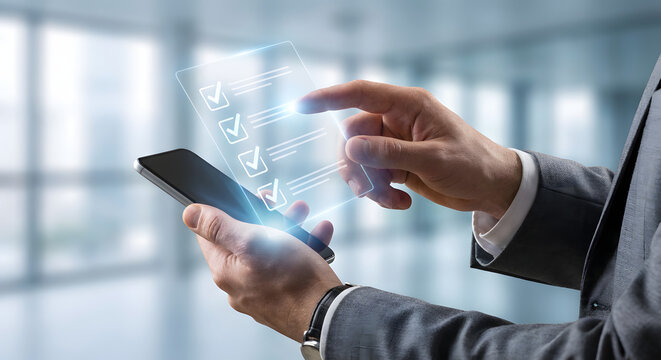 Businessman interacting with smartphone and digital checklist - Powered by Adobe