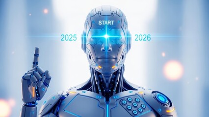 Futuristic robot pointing finger with 2025 and 2026 display