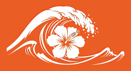 White Hibiscus Flower in Crashing Ocean Wave on Orange Background, Tropical Design