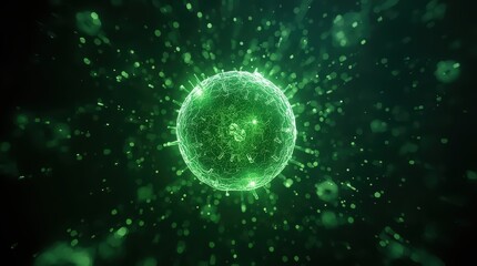 A detailed render of a green virus cell with spikes and floating particles around it