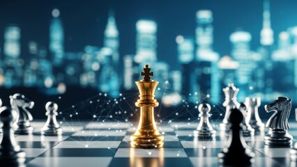 Golden chess king on a digital chessboard with city background