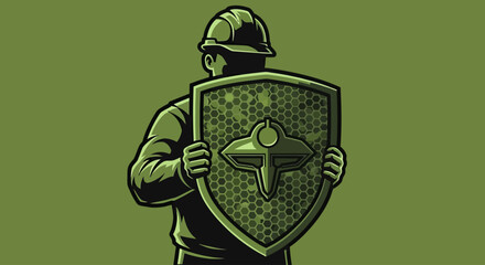 Construction worker holding shield with hexagonal pattern and emblem, safety concept