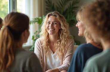 Woman leads supportive discussion for group of women. Diverse females share stories in circle, seeking connection and mutual aid. Friends find comfort and strength together indoors.