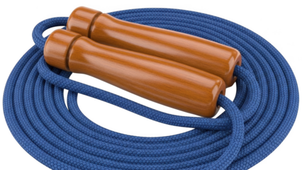 Blue jump rope with wooden handles coiled on black background skipping rope exercise