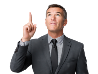 Eureka Moment: A focused individual in business attire points upward, with a gaze that embodies inspiration, innovation, and strategic thought. 