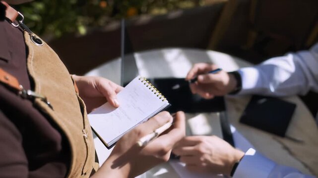 Unrecognizable waitress writing down order while unrecognizable customer reading menu and choosing dish