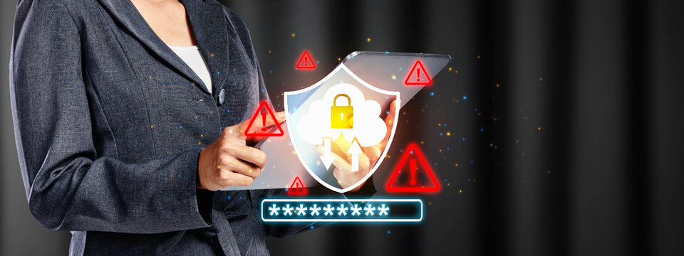 Businesswoman holding a tablet with a secure cloud storage graphic, highlighting data protection and cybersecurity. Security threats and a password are shown. - Powered by Adobe