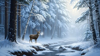 Majestic stag standing in a beautiful snowy winter forest landscape