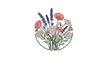 Delicate Floral Bouquet Illustration: Poppies, Daisies, Lavender in Circle