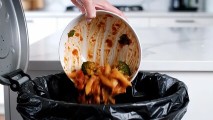 Tossing pasta with vegetables into a trash bin, kitchen waste and food spoilage concept, preparing for cleanup