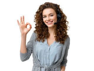 Customer Support Success: A friendly professional wearing a headset gives the okay sign with a radiant smile, symbolizing excellent service and helpfulness. 