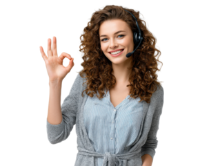Customer Support Success: A friendly professional wearing a headset gives the okay sign with a radiant smile, symbolizing excellent service and helpfulness. 