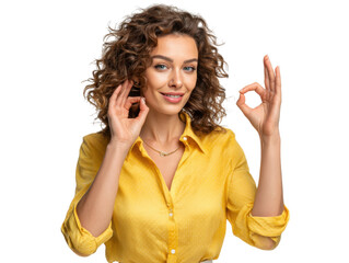 Alright gesture: A vibrant lady in a stylish shirt forms the 'OK' sign, exuding confidence and positivity, expressing her approval and agreement.