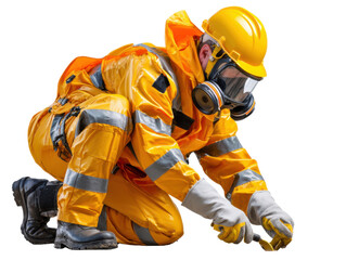 Hazardous Duty: A technician in full protective gear meticulously examines a potentially dangerous situation, embodying caution and expertise.