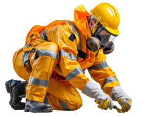 Hazardous Duty: A technician in full protective gear meticulously examines a potentially dangerous situation, embodying caution and expertise.