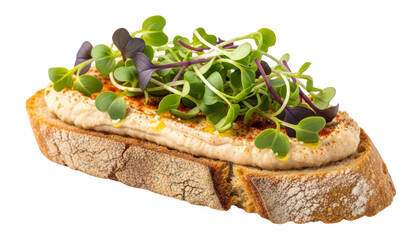 Rustic bread slice topped with creamy hummus, microgreens, and basil leaves. Isolated on transparent background.