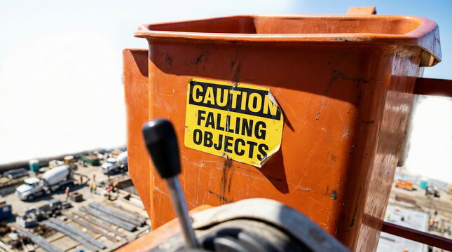 An orange aerial work platform bucket with a "CAUTION FALLING OBJECTS" sign, overlooking a bustling construction site under a bright sky.