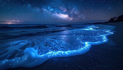 Ocean waves glowing with bioluminescent plankton on a beach under the Milky Way galaxy at night.