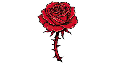 Vibrant Red Rose with Thorny Stem on White Background