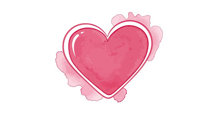 Pink Watercolor Heart with Outline and Splashes on White Background
