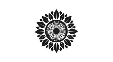 Black and White Stylized Sunflower Icon with Geometric Petals and Seed Pattern