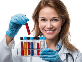 Scientist with Medical Laboratory : A smiling scientist holds a test tube filled with a red liquid with other multiple filled test tubes.
