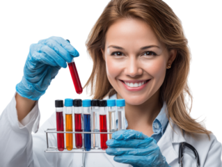Scientist with Medical Laboratory : A smiling scientist holds a test tube filled with a red liquid with other multiple filled test tubes.