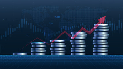 Dynamic financial growth depicted through rising coin stacks and line graphs, symbolizing prosperity and economic success.
