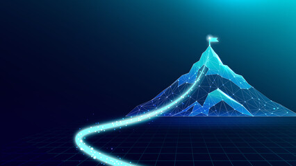 A digital representation of a mountain with a glowing pathway, symbolizing progress and achievement through innovation.