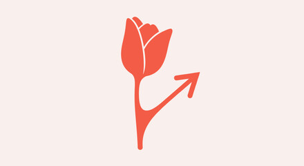 Orange Tulip Flower with Arrow Symbol, Minimalist Design, Isolated on Light Background