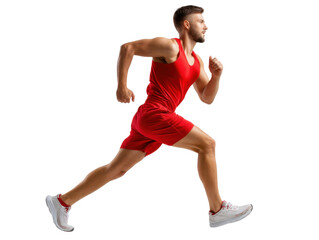 Speed in Motion: An athletic man in vibrant red athletic attire sprints with powerful strides, capturing the essence of speed and agility.