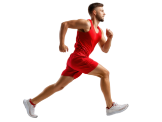 Speed in Motion: An athletic man in vibrant red athletic attire sprints with powerful strides, capturing the essence of speed and agility.