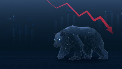 A digital representation of a bear symbolizing market decline, set against a backdrop of downward trends and data visualizations.