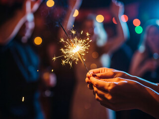 Hands holding a sparkler at a party with people in background