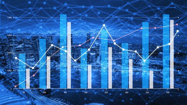This image features a detailed representation of financial growth through bar and line graphs, set against a city skyline, highlighting modern data visualization techniques. Scalp - Powered by Adobe