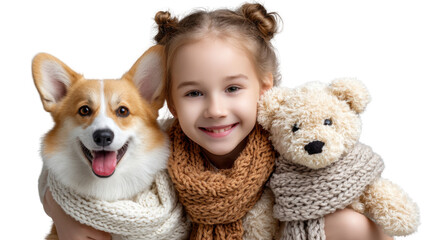 Warm Embrace of Friendship: A cheerful young girl radiates happiness as she cuddles her loyal canine companion and a cherished teddy bear, sharing a moment of pure, innocent joy.