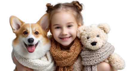 Warm Embrace of Friendship: A cheerful young girl radiates happiness as she cuddles her loyal canine companion and a cherished teddy bear, sharing a moment of pure, innocent joy.