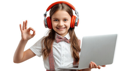 Happy student with laptop: A joyful young girl wearing headphones and a bowtie uses a laptop, flashing an 'OK' sign, epitomizing the ease and enjoyment of modern learning.