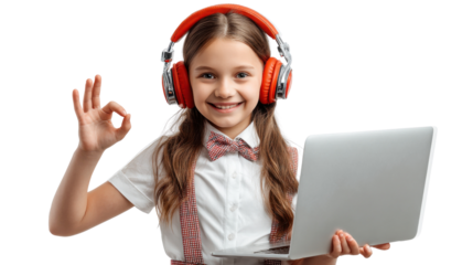 Happy student with laptop: A joyful young girl wearing headphones and a bowtie uses a laptop, flashing an 'OK' sign, epitomizing the ease and enjoyment of modern learning.