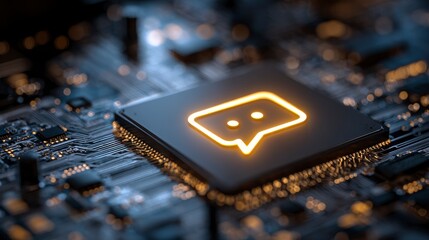 Close-up view of a glowing speech bubble icon on a circuit board, symbolizing communication in technology