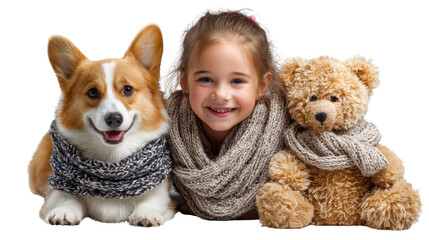 Warm Hugs with Friends: A smiling young girl embraces a furry corgi dog and a cuddly teddy bear, all wrapped in cozy scarves, creating a heartwarming scene of friendship and comfort. 