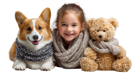 Warm Hugs with Friends: A smiling young girl embraces a furry corgi dog and a cuddly teddy bear, all wrapped in cozy scarves, creating a heartwarming scene of friendship and comfort. 