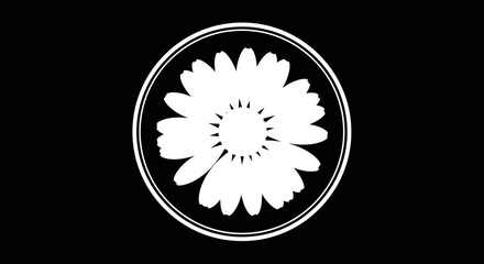 White Daisy Flower Silhouette in Circle Emblem on Black Background
